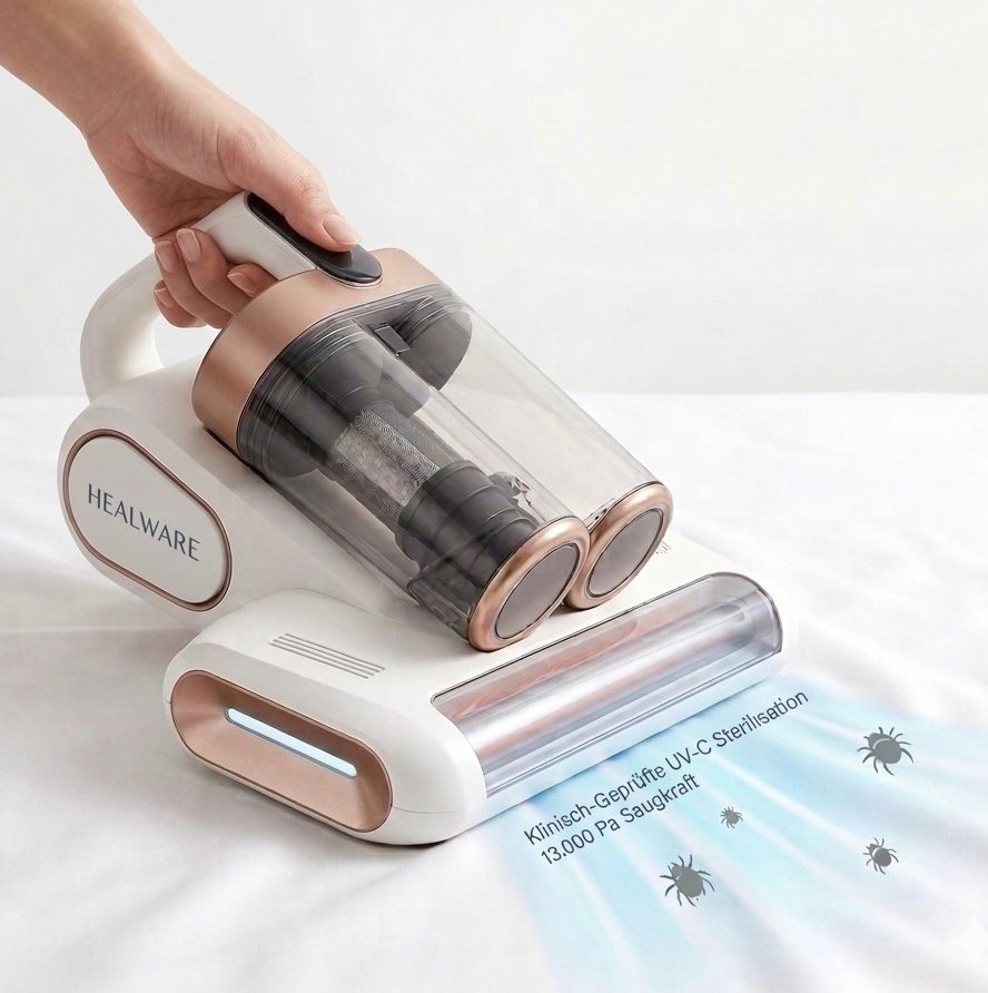 HEALWARE PRO 2.0 Gerät für Matratzen & Polster – Mit UV-C Sterilisation zur 99,9% Milbenentfernung und 13.000 Pa Saugkraft.